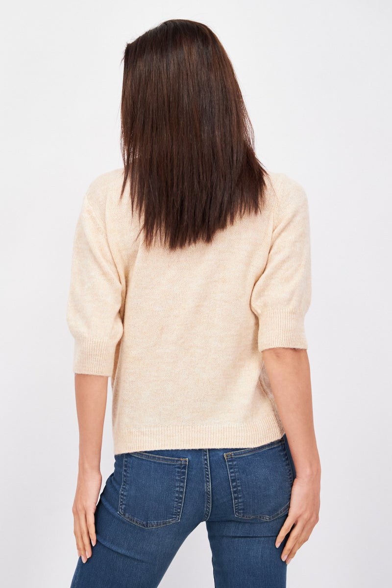 Etam Women Round Neck Elbow Sleeves Knitted Sweater, Beige - Image 4